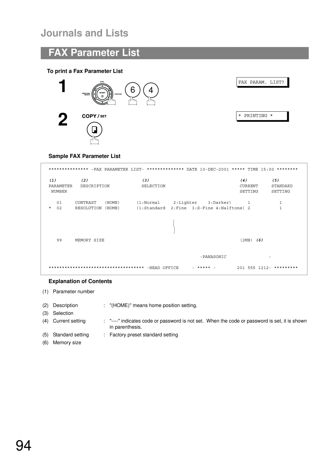 Castelle UF-490 appendix Journals and Lists, 1 6, To print a Fax Parameter List, Sample FAX Parameter List 