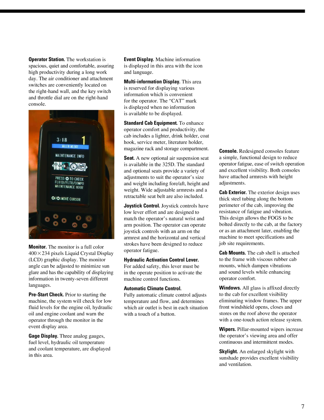 CAT 325DL manual Hydraulic Activation Control Lever, Automatic Climate Control 