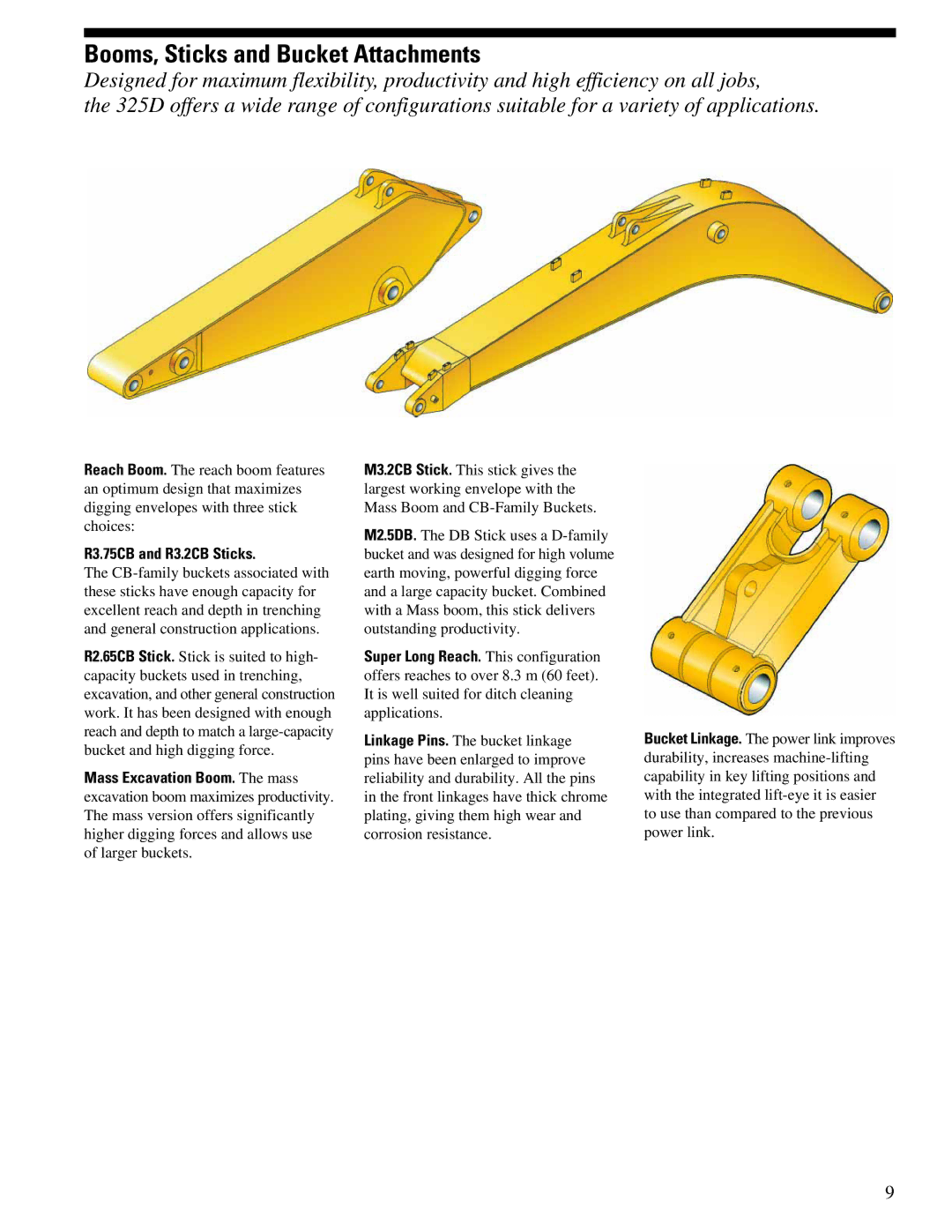 CAT 325DL manual Booms, Sticks and Bucket Attachments, R3.75CB and R3.2CB Sticks 