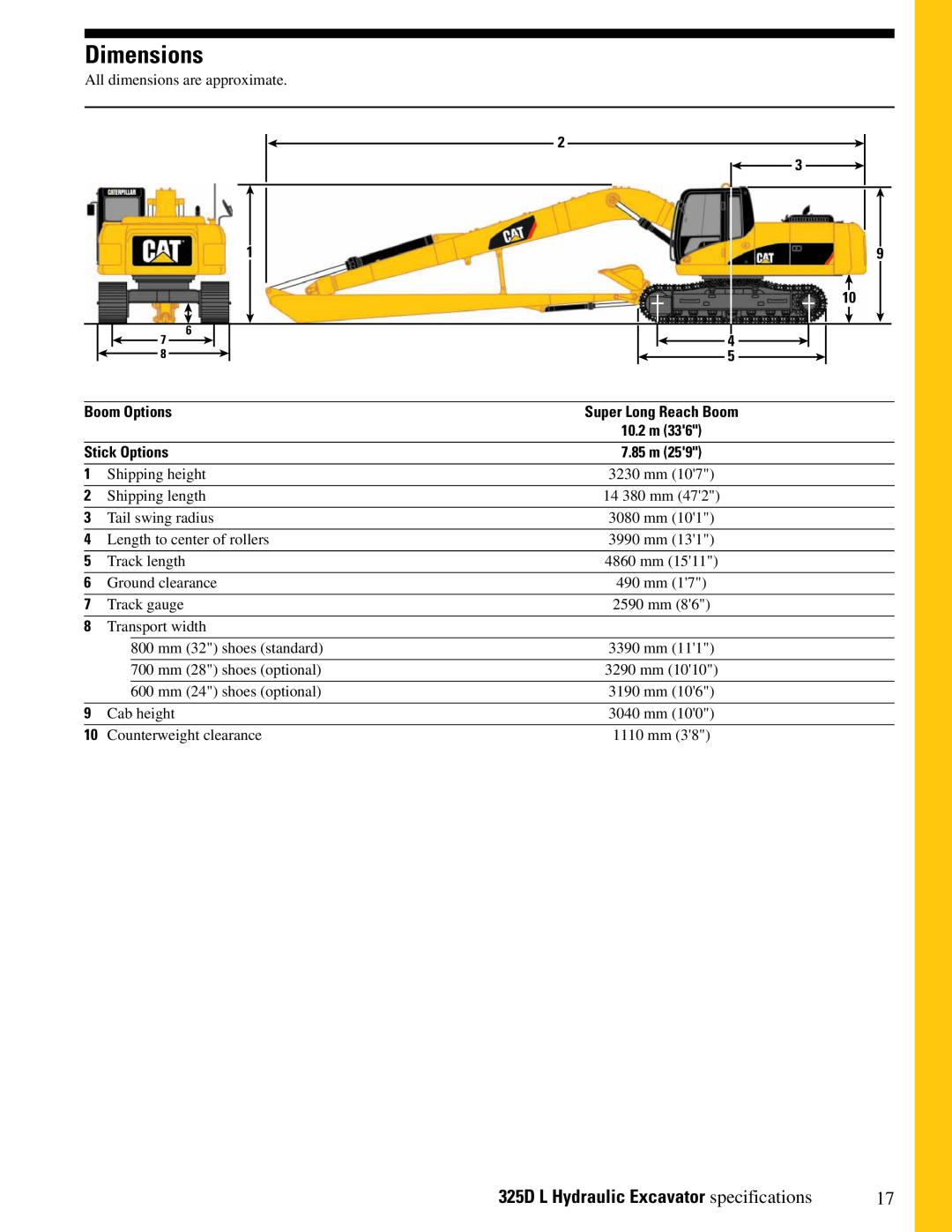 CAT 325DL manual Dimensions, All dimensions are approximate 