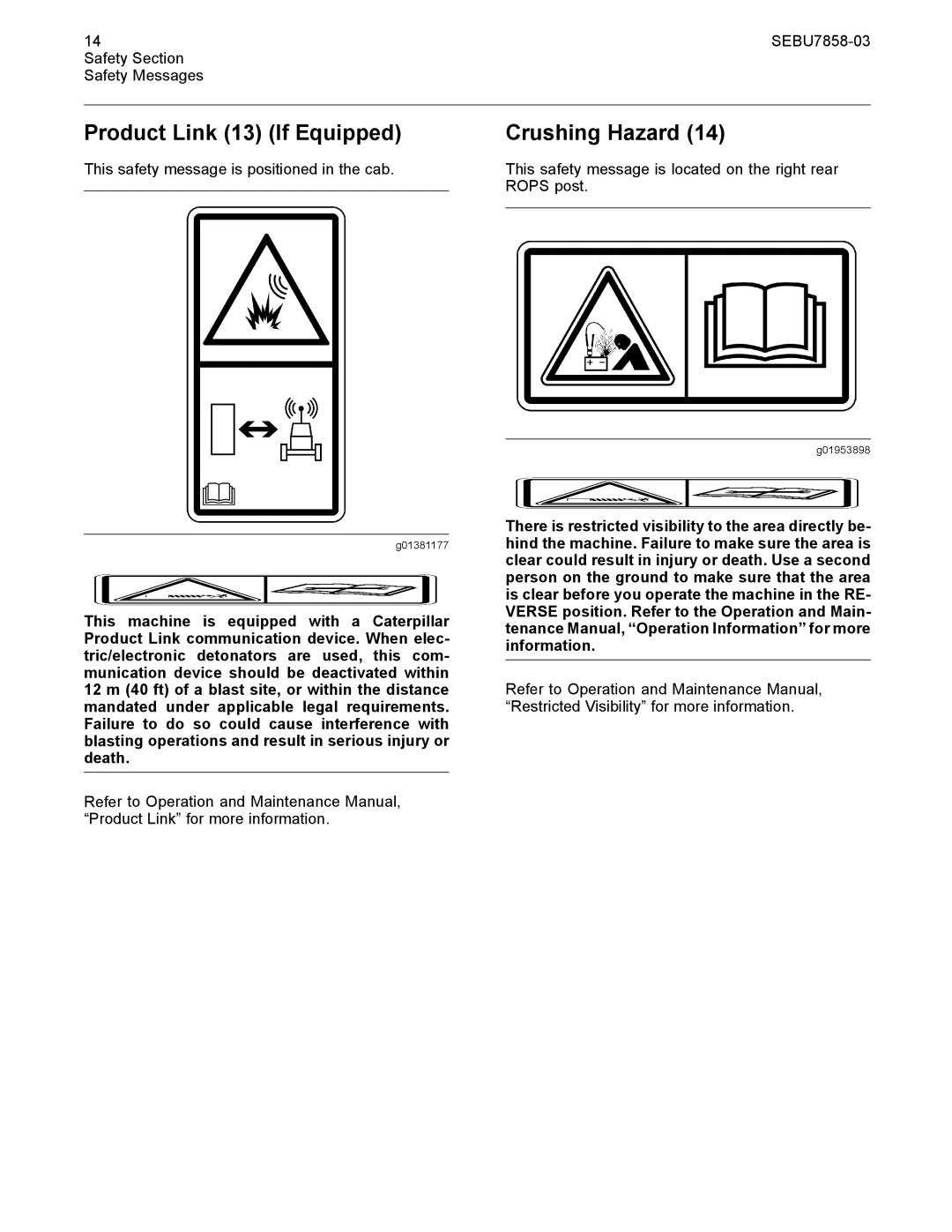 CAT 627G manual Product Link 13 If Equipped, Crushing Hazard 