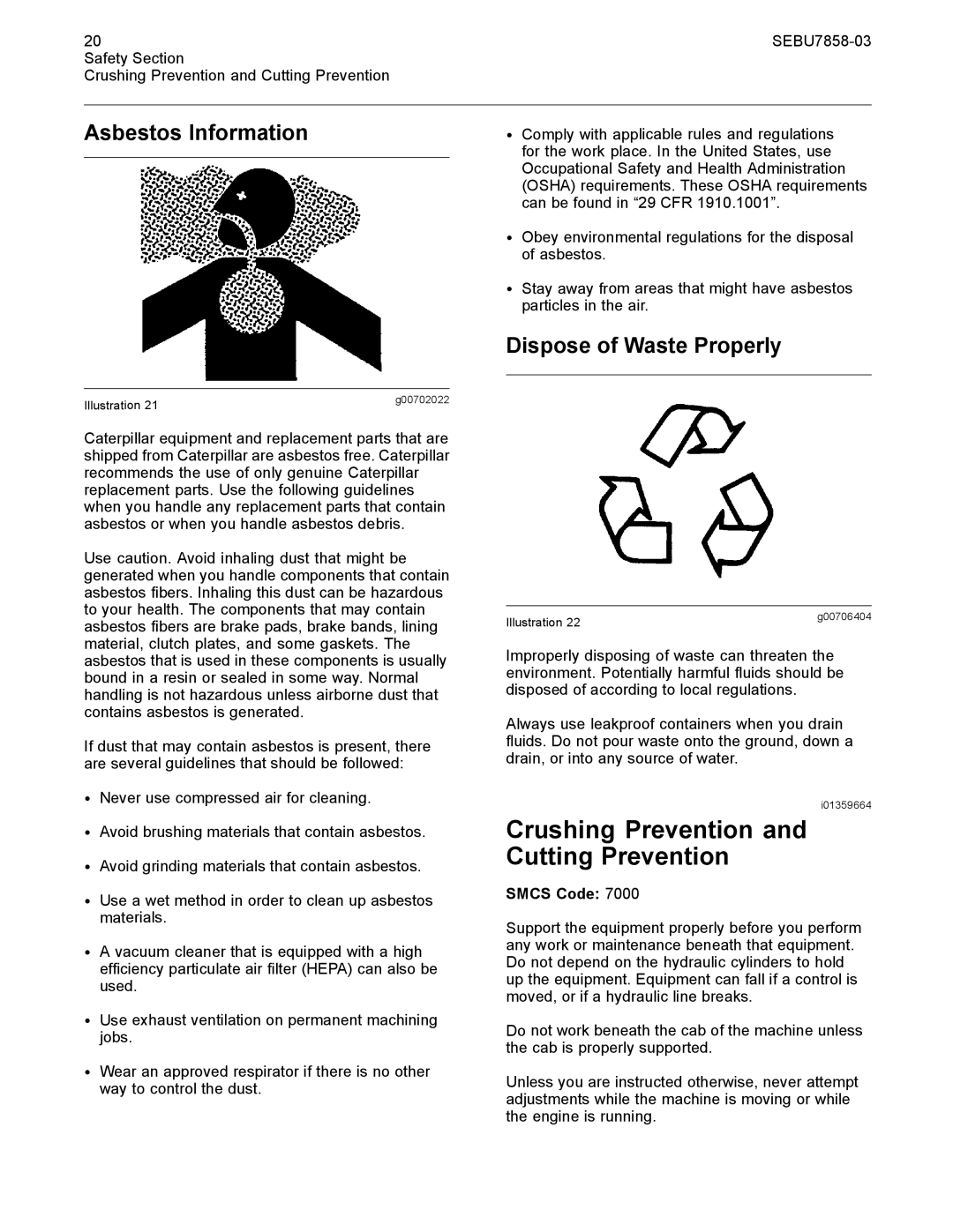 CAT 627G manual Crushing Prevention and Cutting Prevention, Asbestos Information, Dispose of Waste Properly 