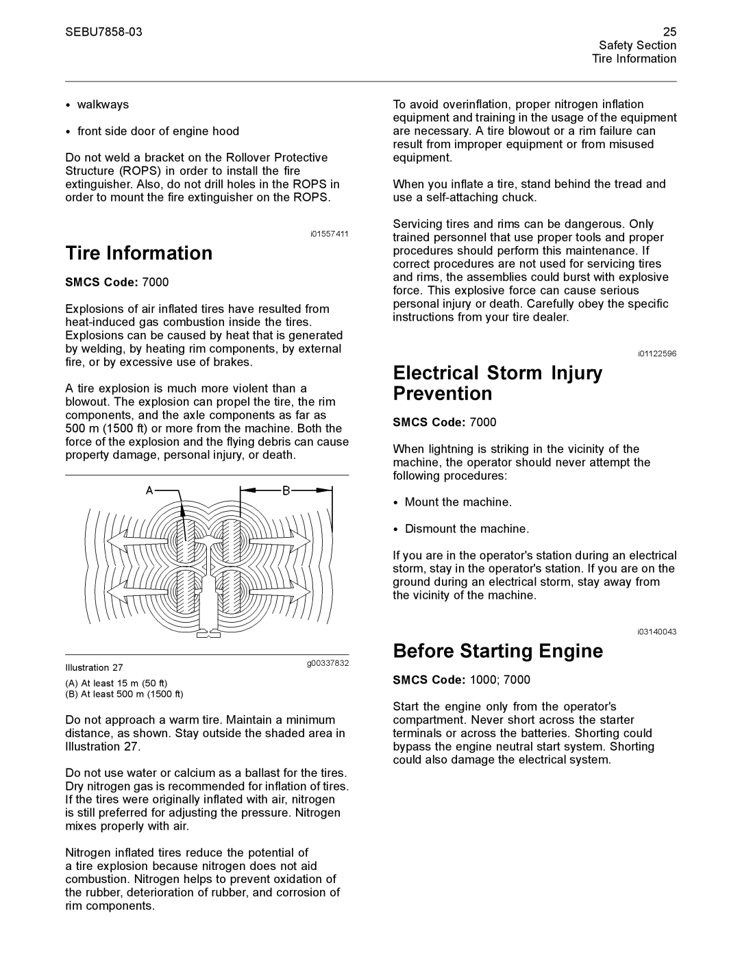 CAT 627G manual Tire Information, Electrical Storm Injury Prevention, Before Starting Engine, Smcs Code 1000 