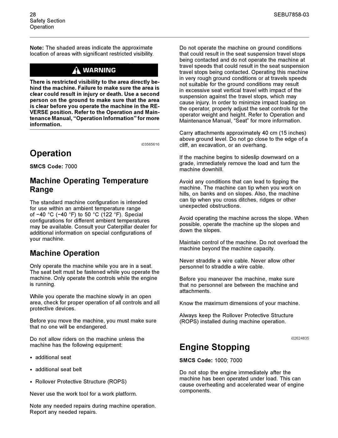 CAT 627G manual Engine Stopping, Machine Operating Temperature Range, Machine Operation 