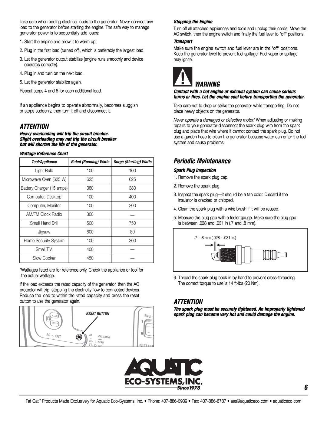 CAT GT950 manual Periodic Maintenance, Wattage Reference Chart, Stopping the Engine, Transport, Spark Plug Inspection 