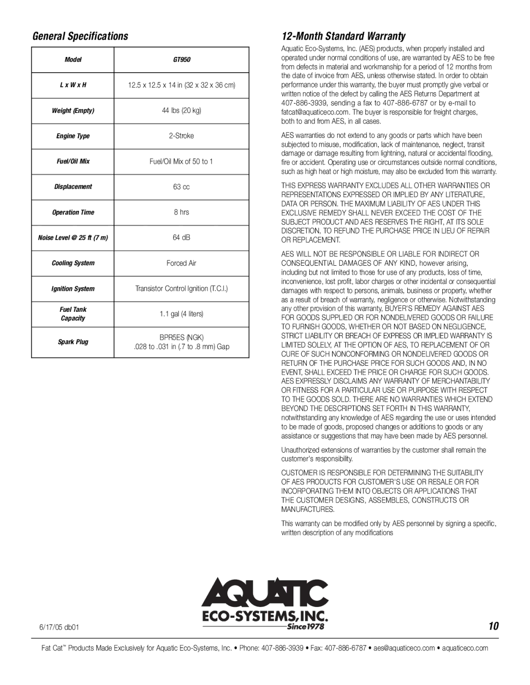 CAT GT950 manual General Specifications, Month Standard Warranty, Model 