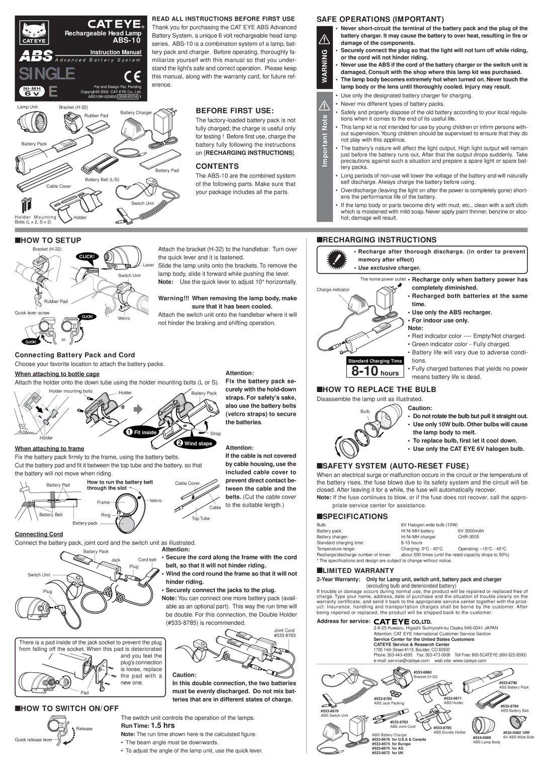 Cateye ABS-10 instruction manual Safe Operations Important, Before First USE, Contents, HOW to Setup, Specifications 