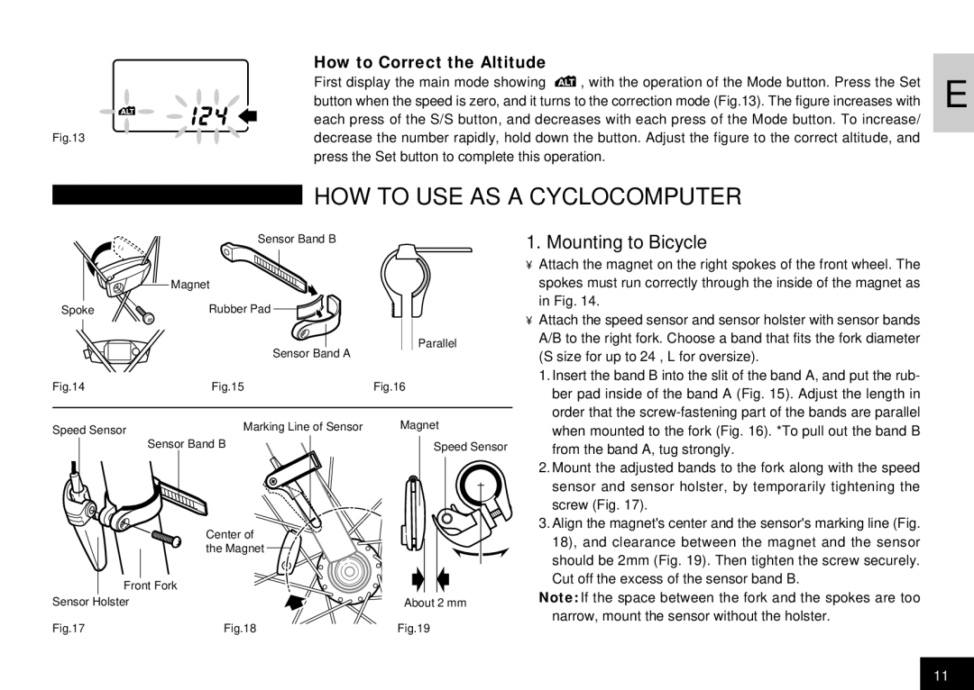 Cateye CC-AT100 manual HOW to USE AS a Cyclocomputer, Mounting to Bicycle, How to Correct the Altitude 