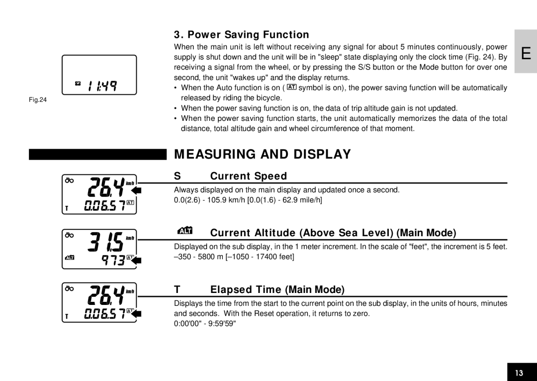 Cateye CC-AT100 Measuring and Display, Power Saving Function, Current Speed, Current Altitude Above Sea Level Main Mode 