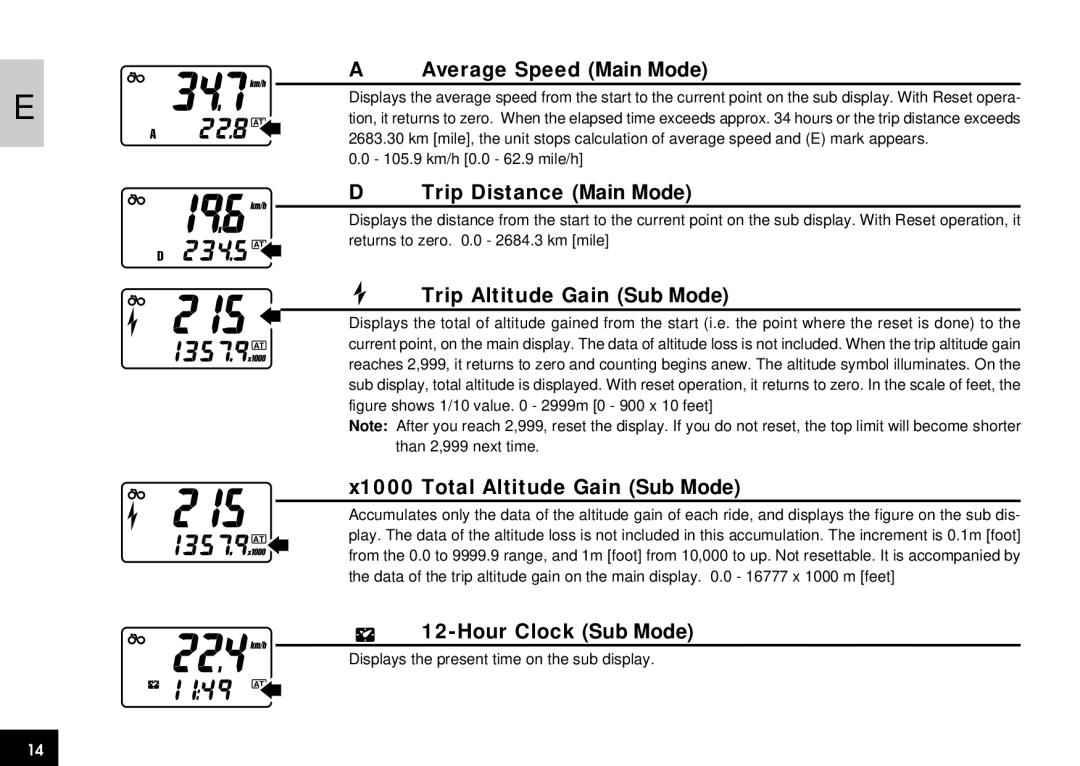 Cateye CC-AT100 manual Average Speed Main Mode, Trip Distance Main Mode, Trip Altitude Gain Sub Mode, Hour Clock Sub Mode 