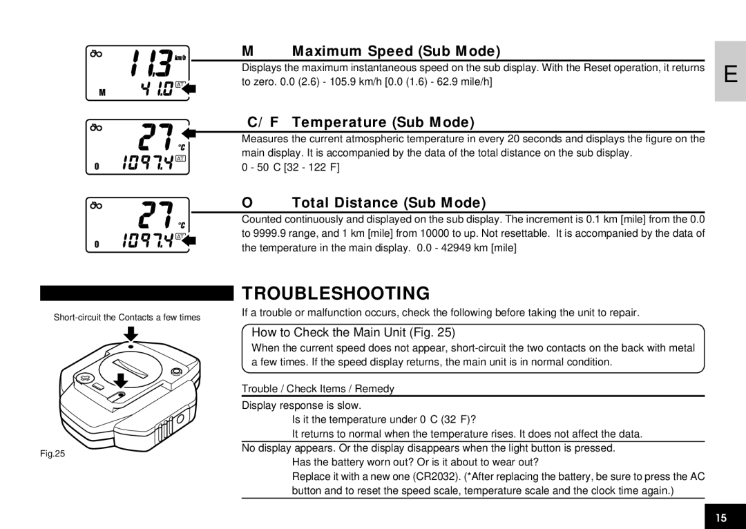 Cateye CC-AT100 manual Troubleshooting, Maximum Speed Sub Mode, Temperature Sub Mode, Total Distance Sub Mode 