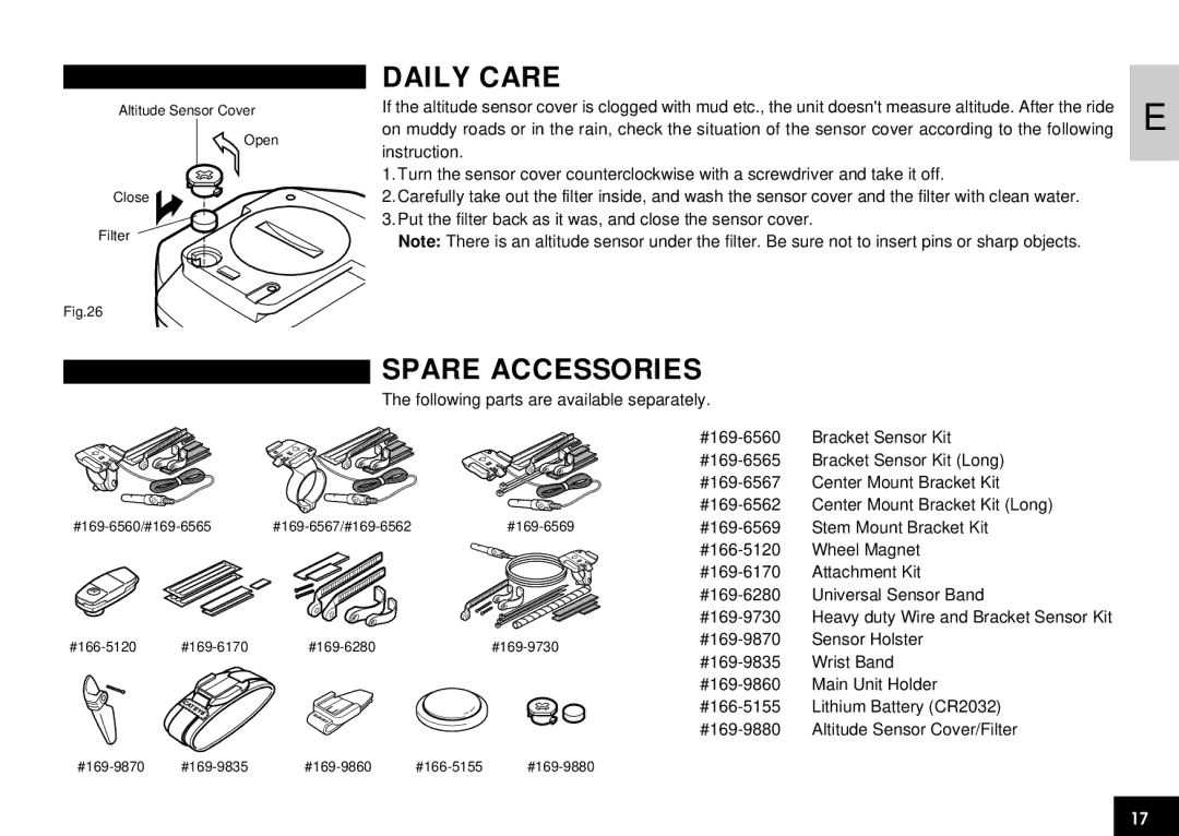 Cateye CC-AT100 manual Daily Care, Spare Accessories 