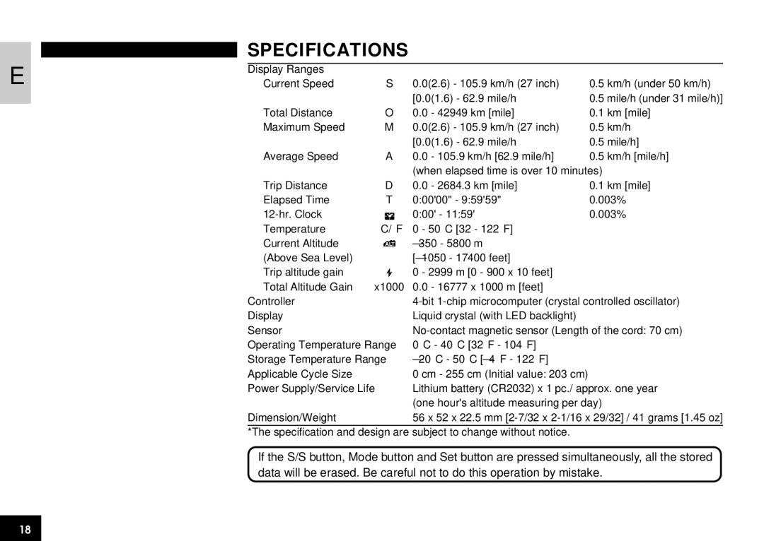 Cateye CC-AT100 manual Specifications 