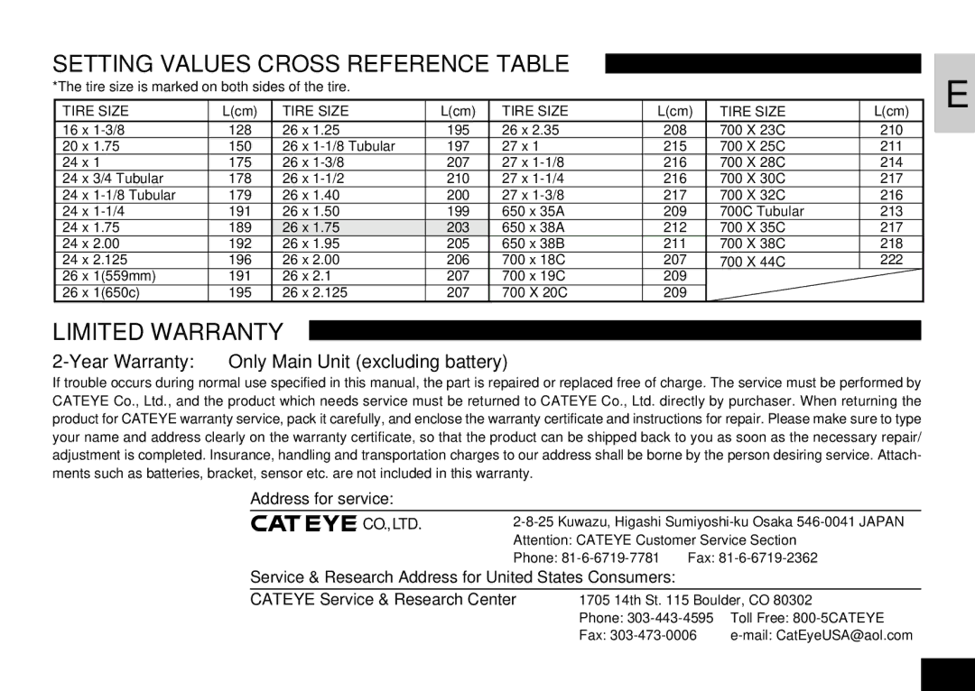 Cateye CC-AT100 Setting Values Cross Reference Table, Limited Warranty, Year Warranty Only Main Unit excluding battery 