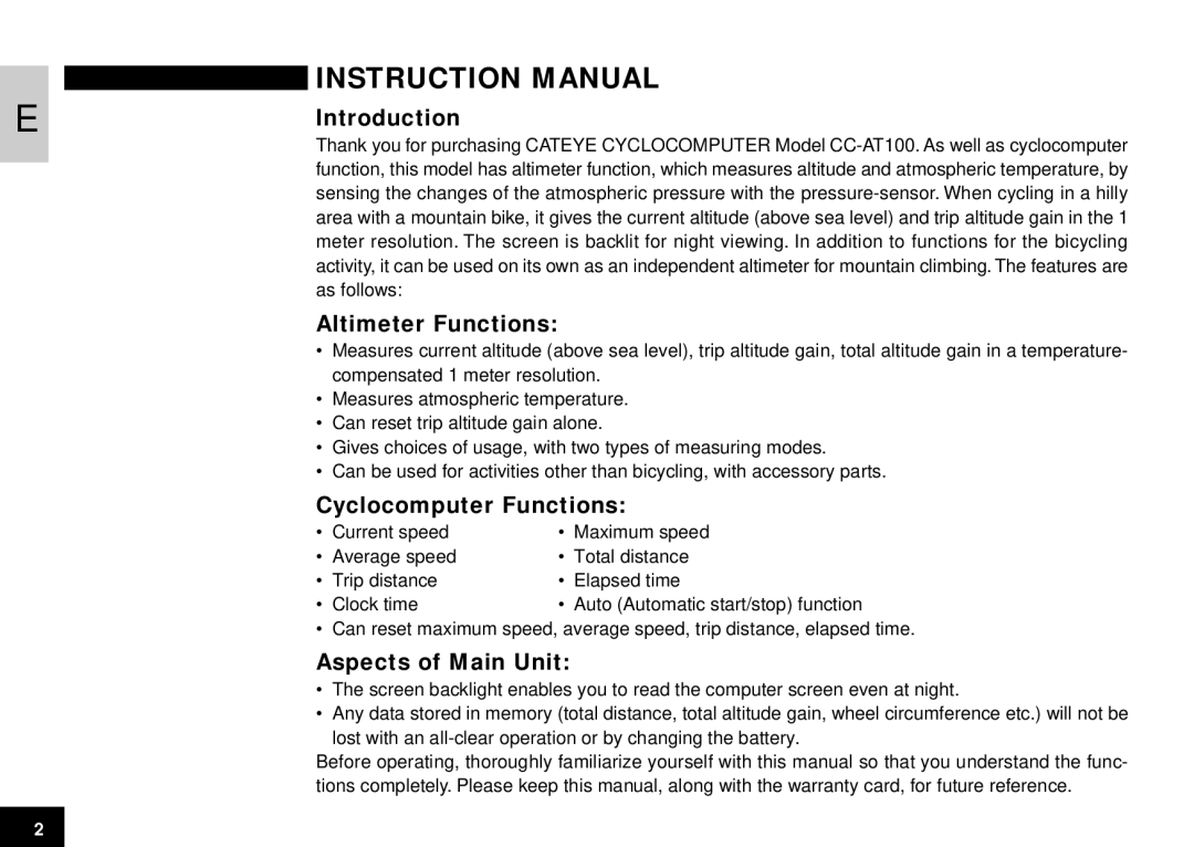 Cateye CC-AT100 manual Introduction, Altimeter Functions, Cyclocomputer Functions, Aspects of Main Unit 