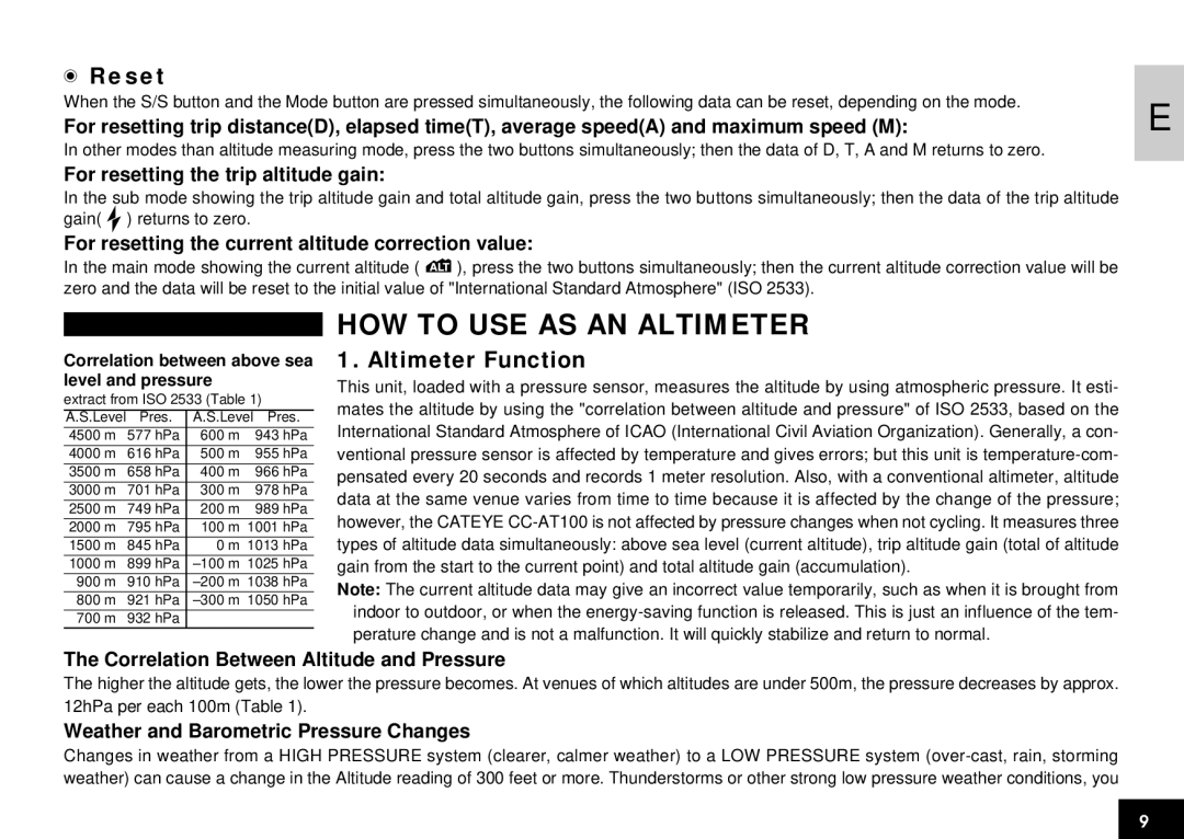 Cateye CC-AT100 manual HOW to USE AS AN Altimeter, Reset, Altimeter Function 