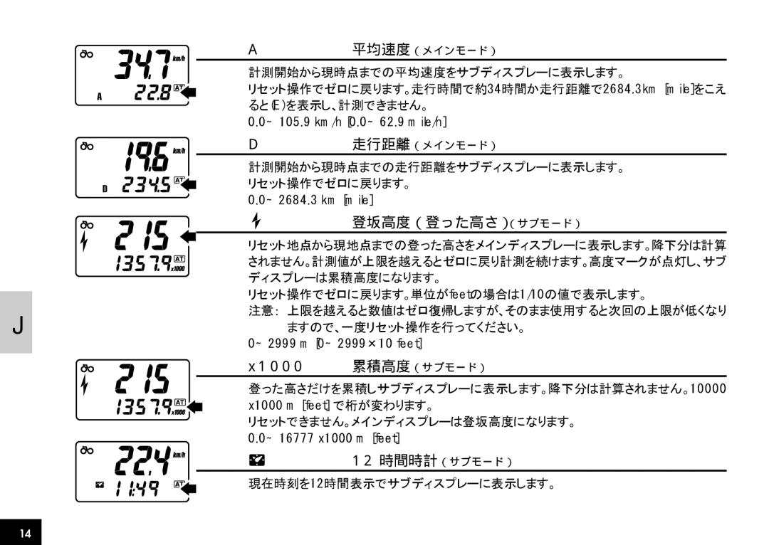 Cateye CC-AT100 manual 登坂高度（登った高さ）（サブモード） 