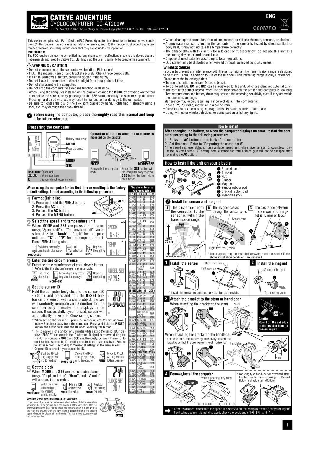 Cateye CCAT2W-090526 manual Wireless Sensor, Format initialize, Install the sensor and magnet, Set the sensor ID 