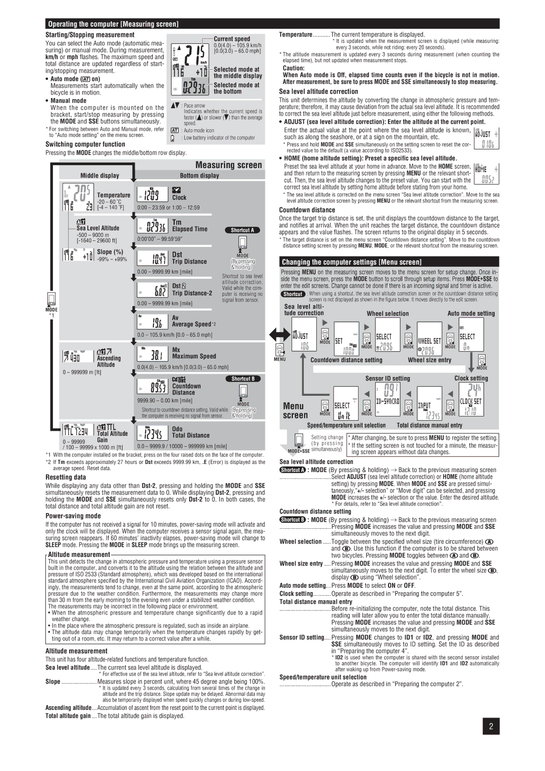 Cateye CC-AT200W Starting/Stopping measurement, Sea level altitude correction, Countdown distance, Screen, Resetting data 