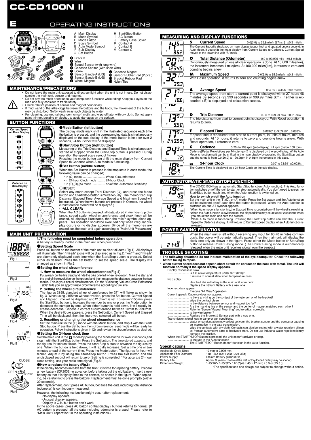 Cateye CC-CD100 N II specifications Measuring and Display Functions, Maintenance/Precautions, Button Functions 