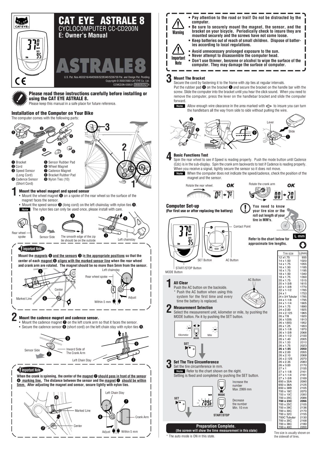 Cateye CC-CD200N owner manual Computer. They may damage the surface of computer, Mount The Bracket, Basic Functions Test 