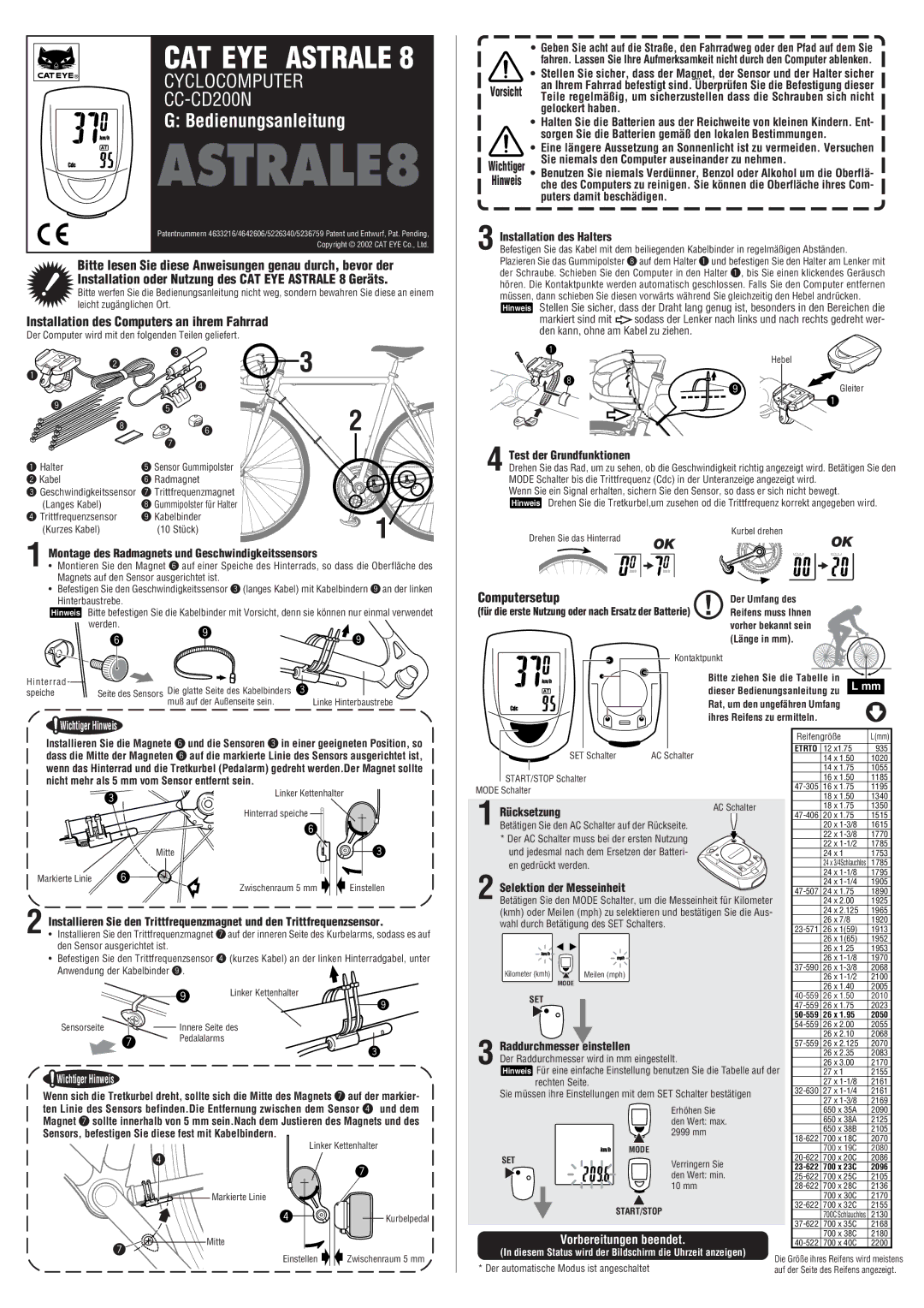 Cateye CC-CD200N manual Installation des Computers an ihrem Fahrrad, Computersetup 