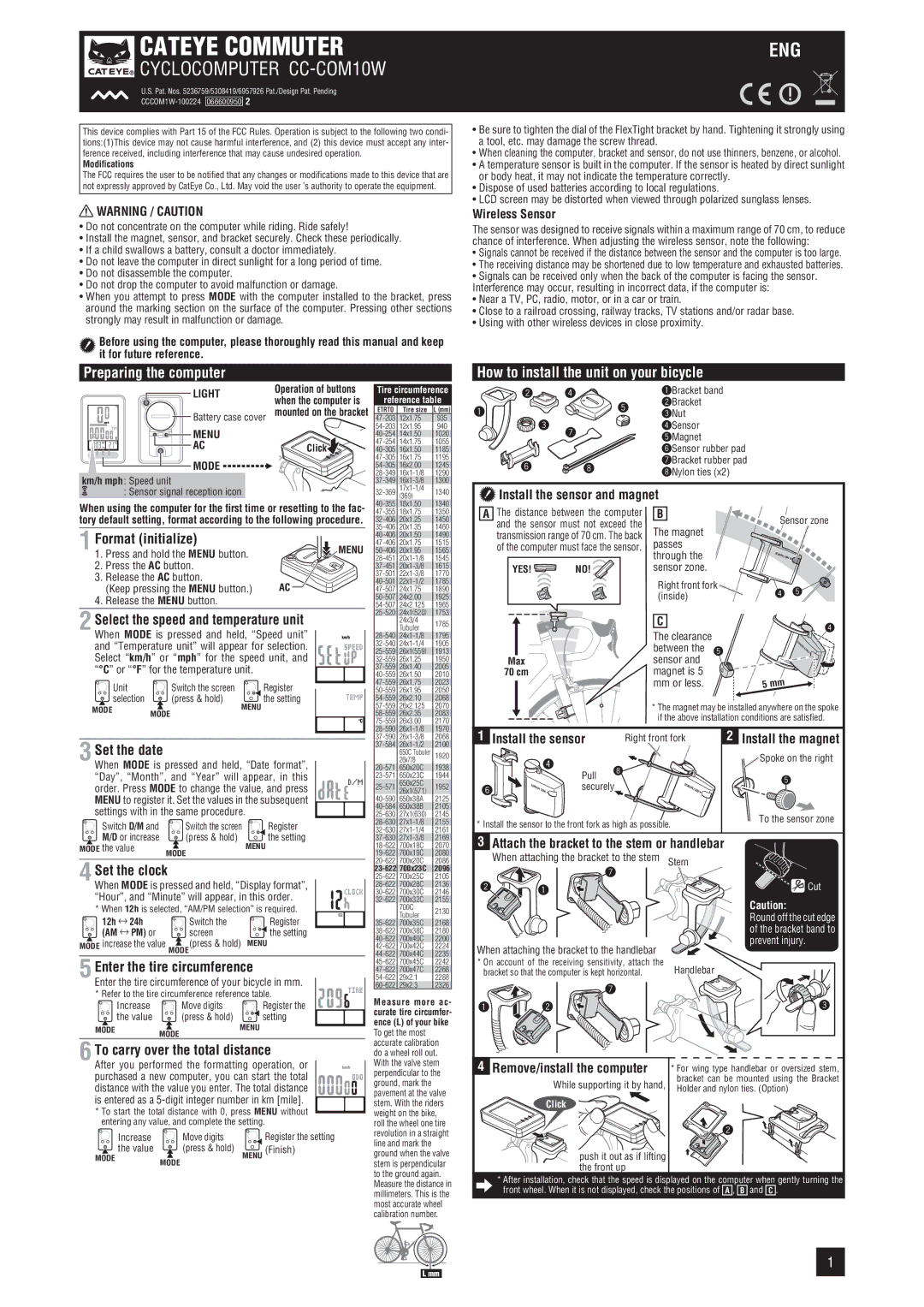 Cateye CC-COM10W manual Preparing the computer, How to install the unit on your bicycle 