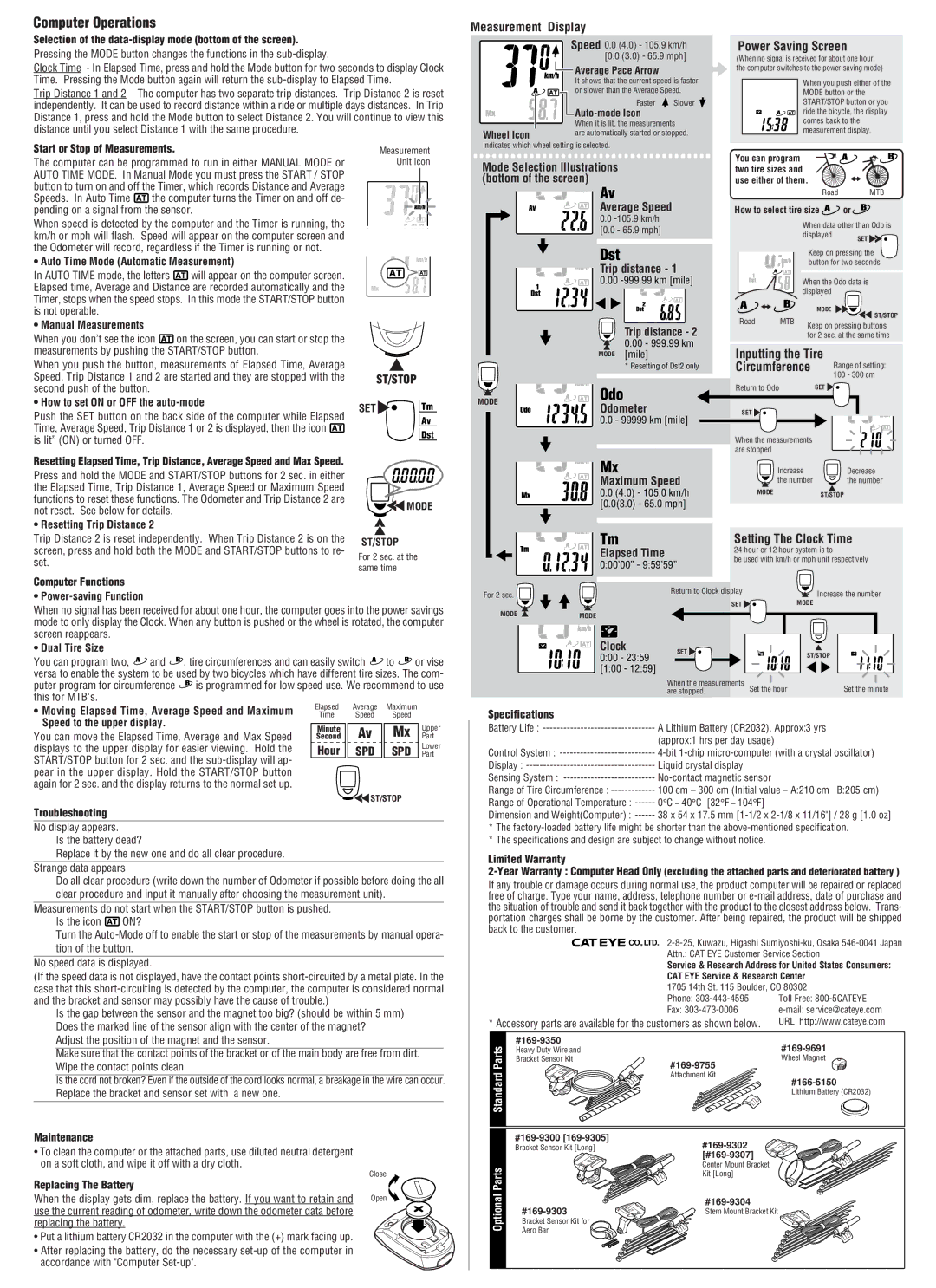 Cateye CC-ED300 Average Speed, Trip distance, Inputting the Tire, Odometer, Maximum Speed, Setting The Clock Time, Hour 