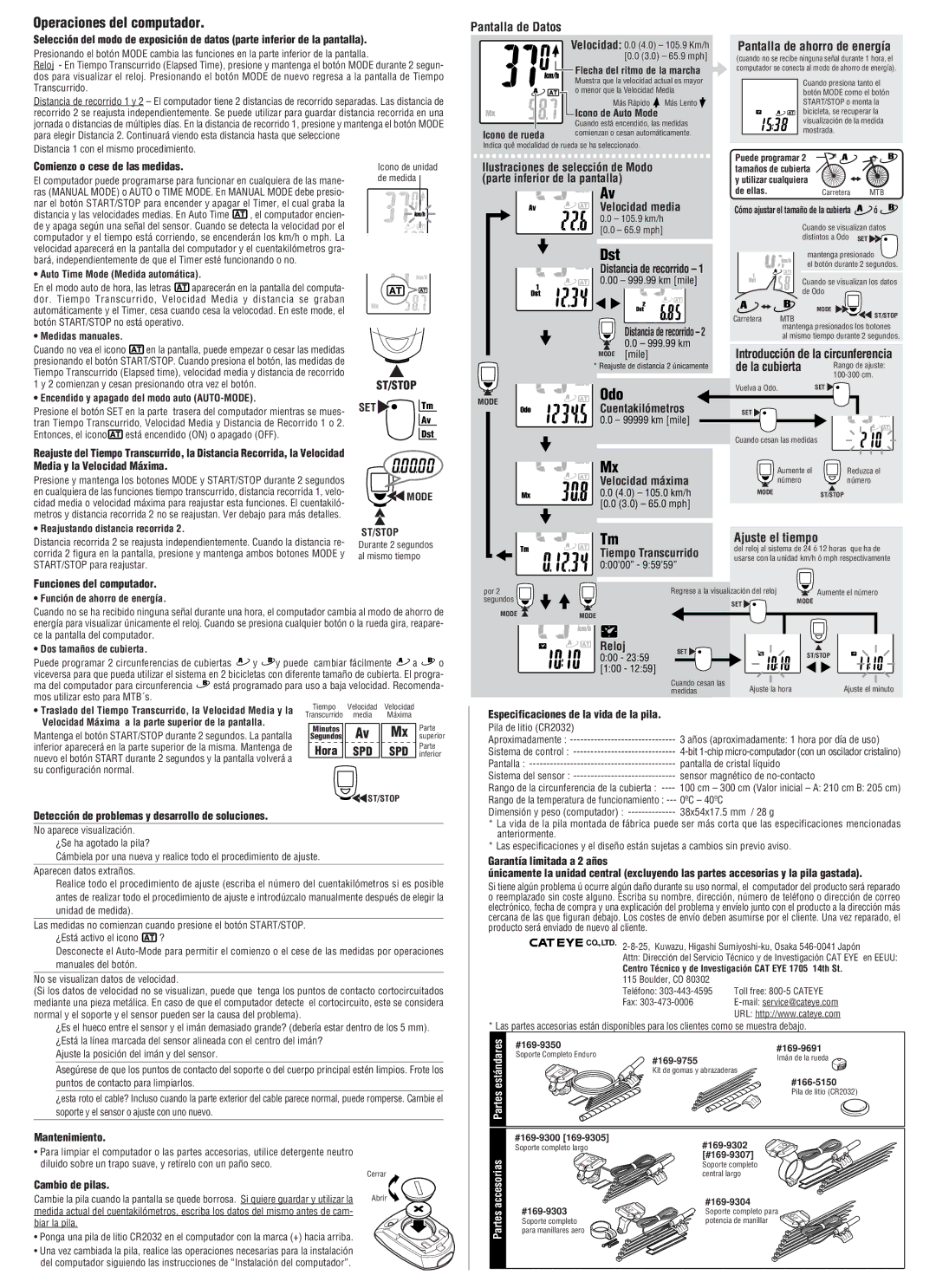 Cateye CC-ED300 manual Velocidad media, Cuentakilómetros, Velocidad máxima, Tiempo Transcurrido, Reloj 