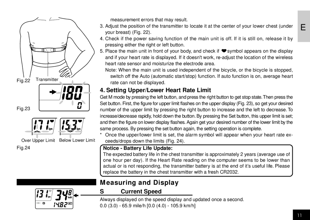 Cateye CC-HB100 manual Measuring and Display, Setting Upper/Lower Heart Rate Limit, Current Speed 