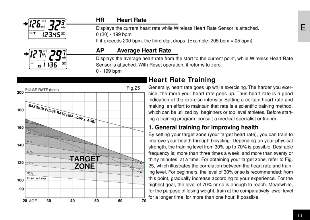 Cateye CC-HB100 manual Heart Rate Training, HR Heart Rate, Average Heart Rate, General training for improving health 