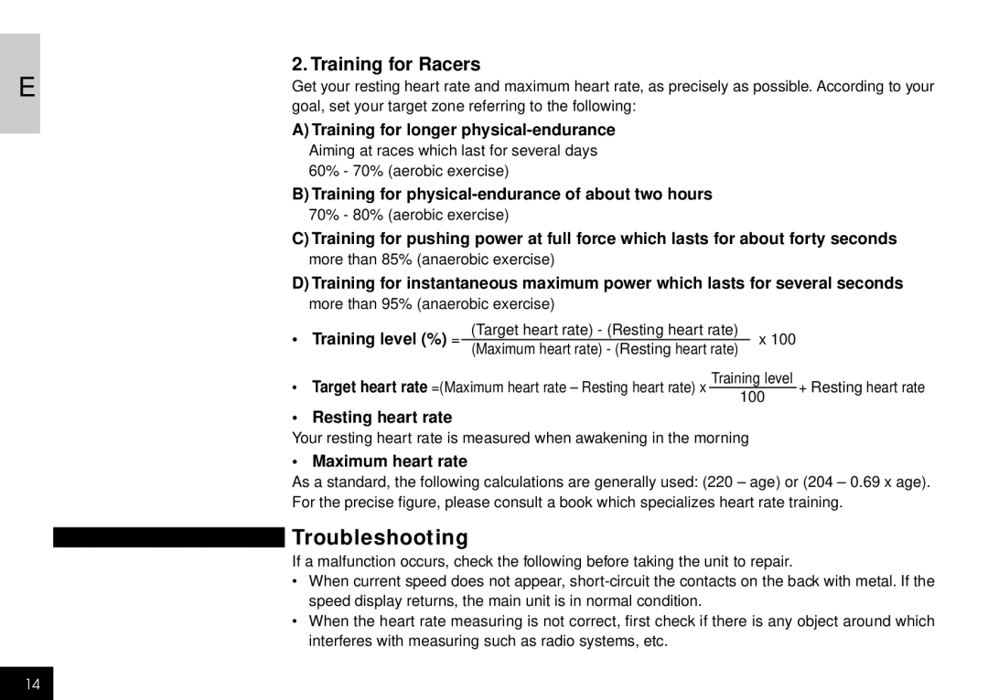 Cateye CC-HB100 manual Troubleshooting, Training for Racers, Training level % =, Resting heart rate, Maximum heart rate 