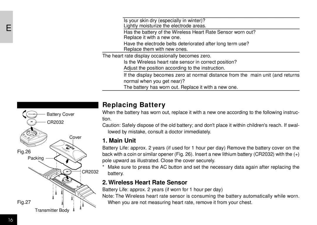 Cateye CC-HB100 manual Replacing Battery, Main Unit, Wireless Heart Rate Sensor 