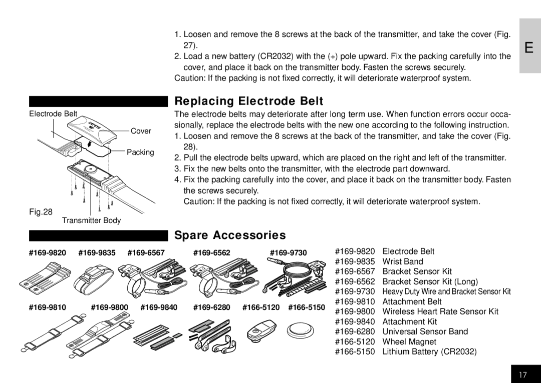 Cateye CC-HB100 manual Replacing Electrode Belt, Spare Accessories 