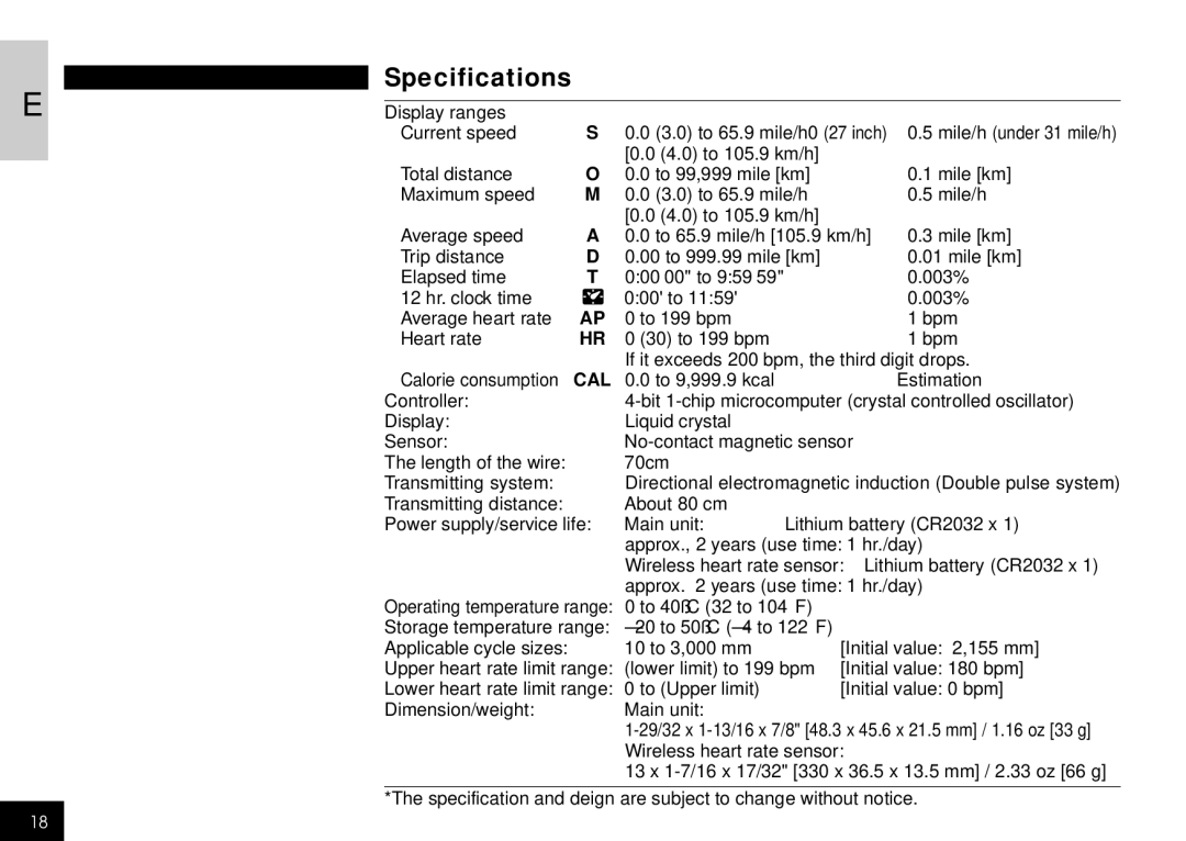 Cateye CC-HB100 manual Specifications 