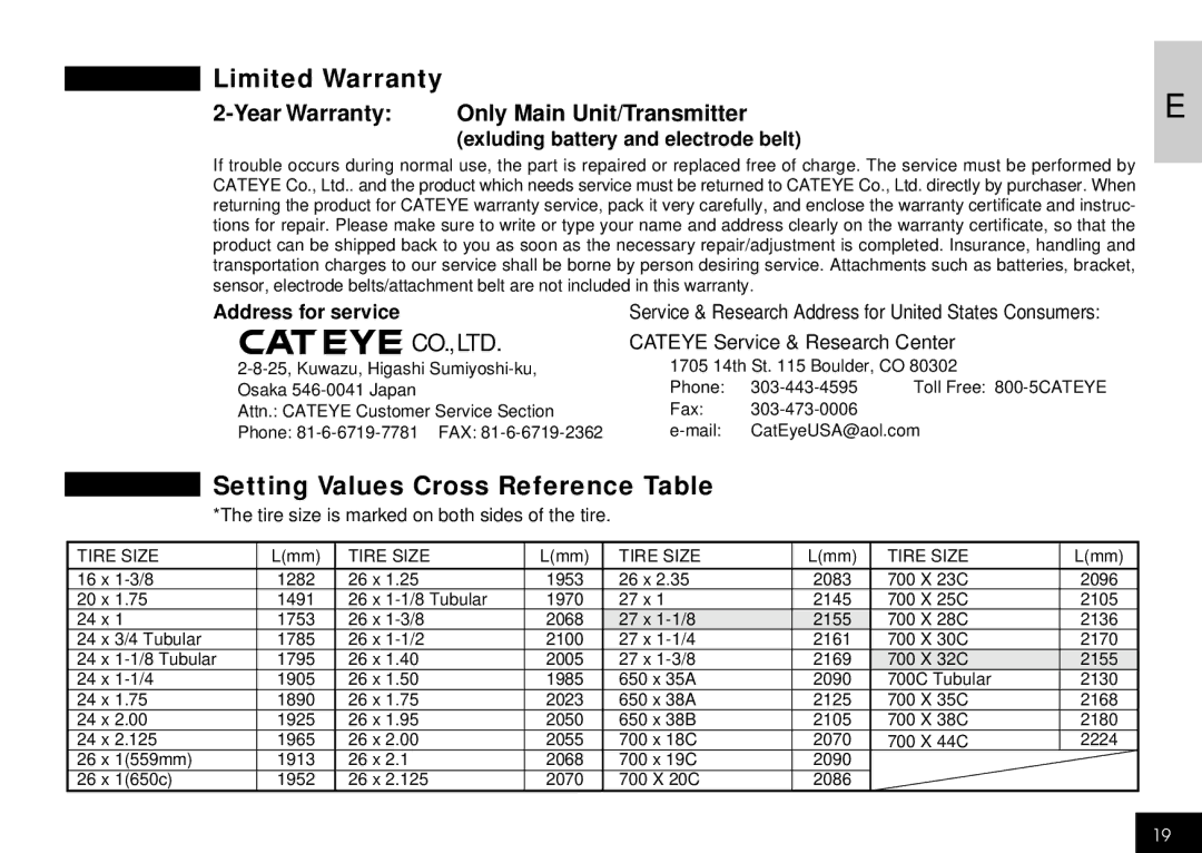 Cateye CC-HB100 manual Limited Warranty, Setting Values Cross Reference Table, Year Warranty Only Main Unit/Transmitter 