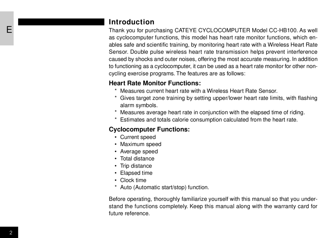 Cateye CC-HB100 manual Introduction, Heart Rate Monitor Functions, Cyclocomputer Functions 