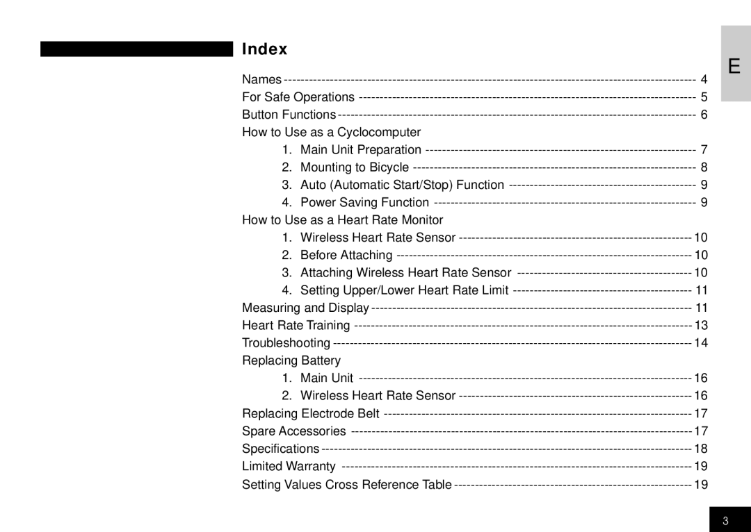 Cateye CC-HB100 manual Index 