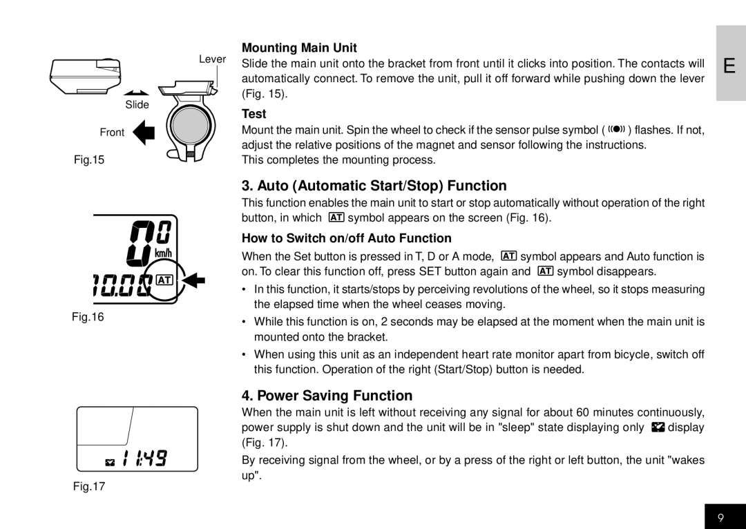 Cateye CC-HB100 manual Auto Automatic Start/Stop Function, Power Saving Function, Mounting Main Unit, Test 