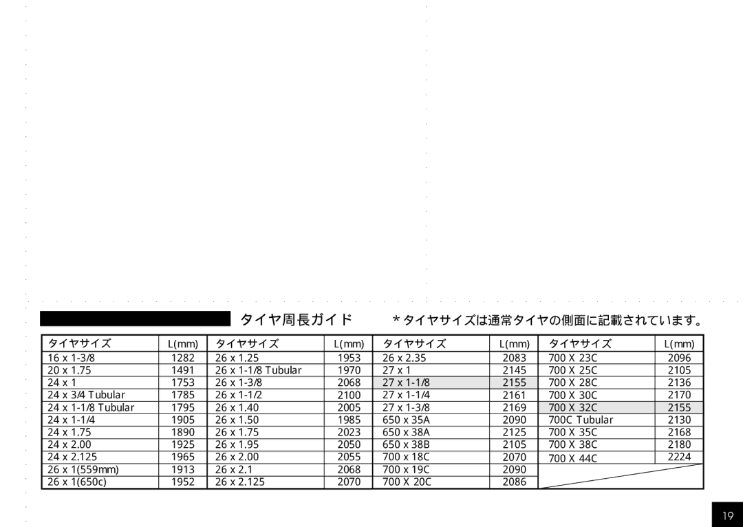 Cateye CC-HB100 manual タイヤ周長ガイド, ＊タイヤサイズは通常タイヤの側面に記載されています 