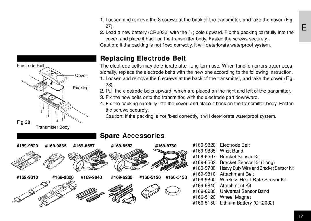 Cateye CC-HB1OO instruction manual Replacing Electrode Belt, Spare Accessories 