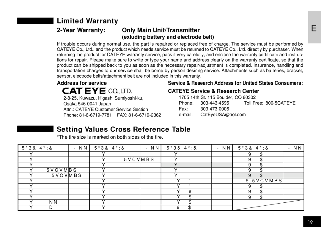 Cateye CC-HB1OO Limited Warranty, Setting Values Cross Reference Table, Year Warranty Only Main Unit/Transmitter 