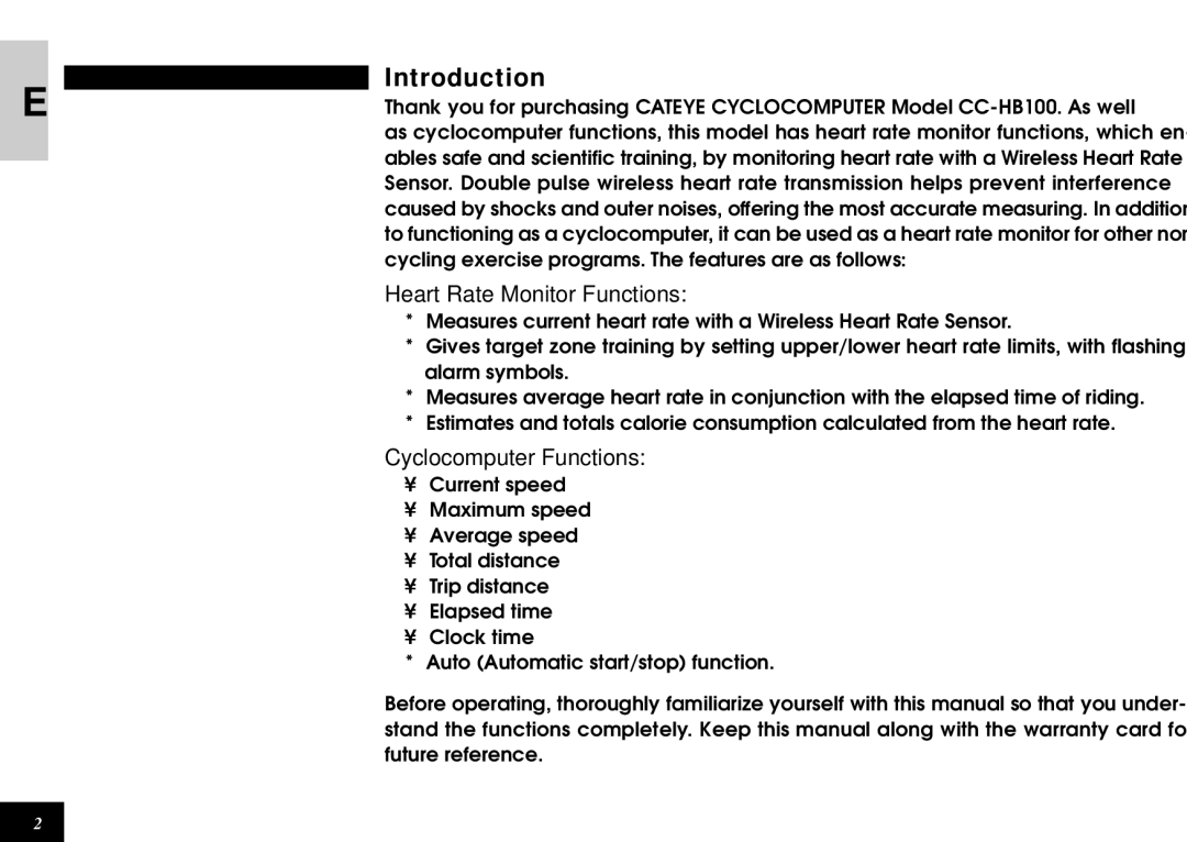 Cateye CC-HB1OO instruction manual Introduction, Heart Rate Monitor Functions, Cyclocomputer Functions 