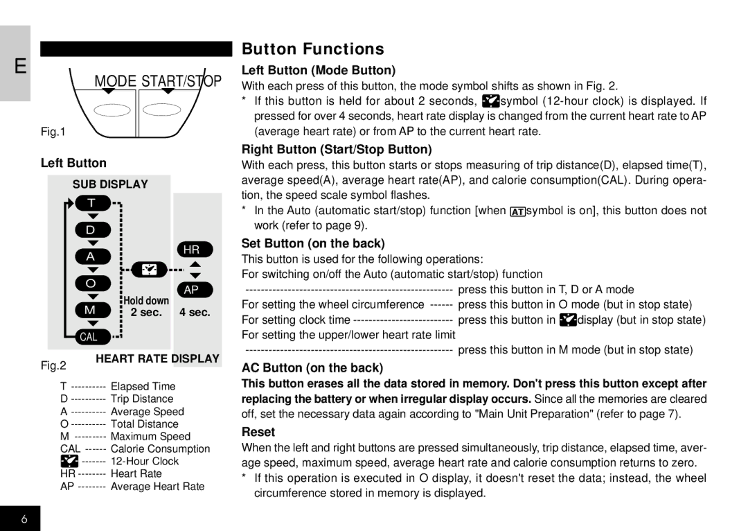 Cateye CC-HB1OO instruction manual Button Functions 