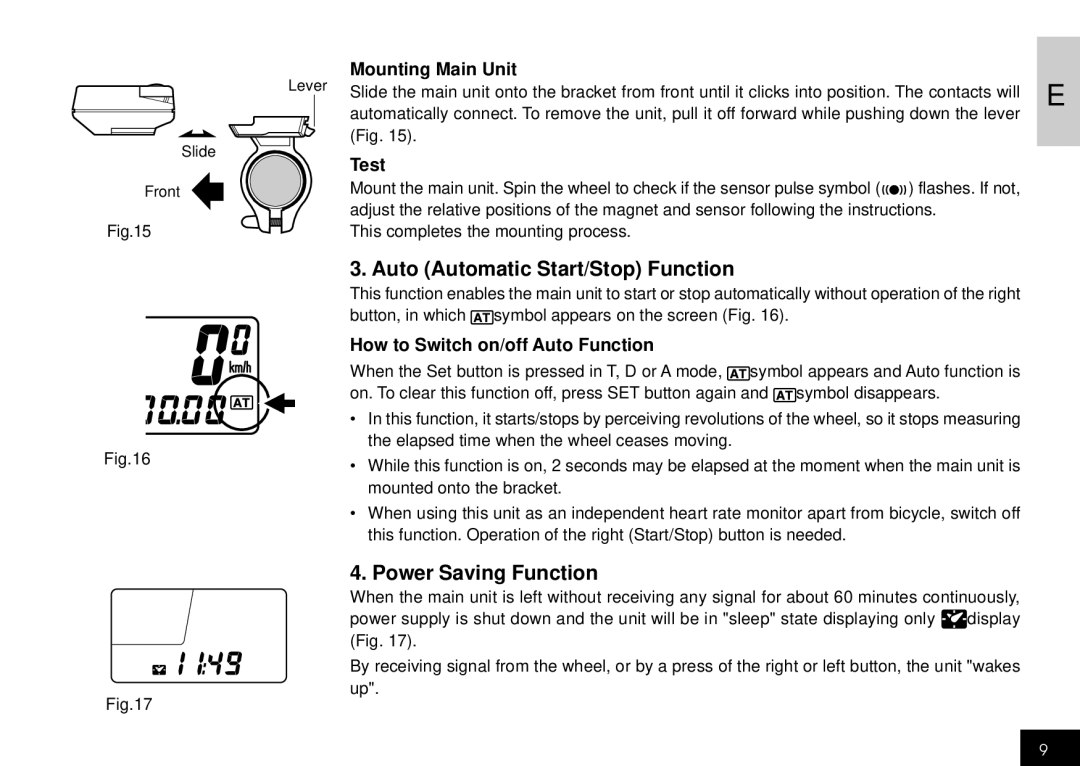 Cateye CC-HB1OO instruction manual Auto Automatic Start/Stop Function, Power Saving Function, Mounting Main Unit, Test 