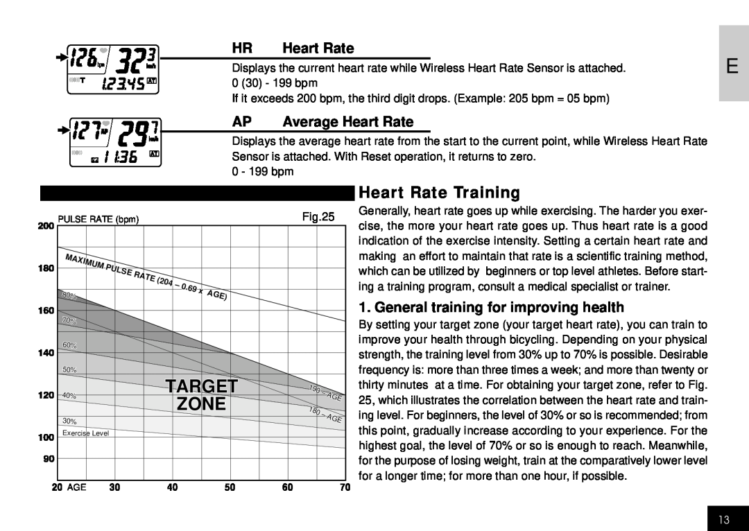 Cateye CC-HB1OO Heart Rate Training, HR Heart Rate, Average Heart Rate, General training for improving health, Target 