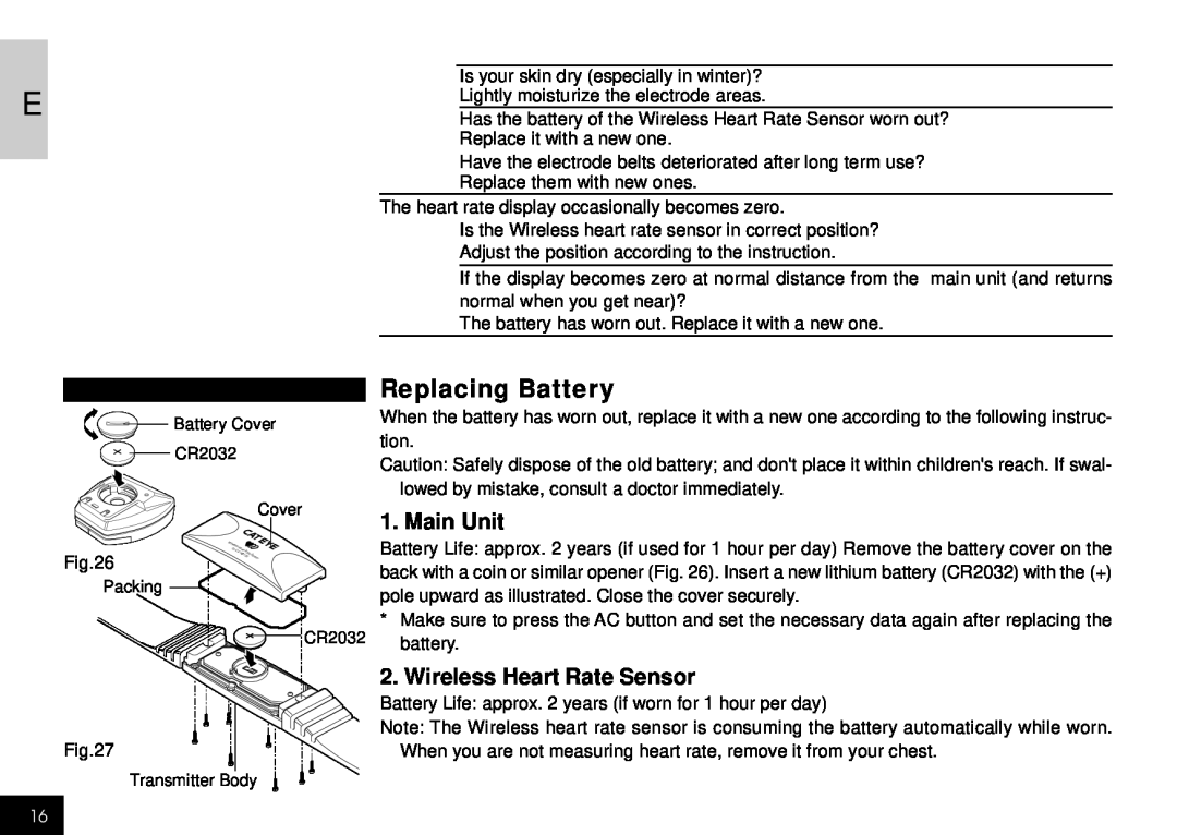 Cateye CC-HB1OO instruction manual Replacing Battery, Main Unit, Wireless Heart Rate Sensor 