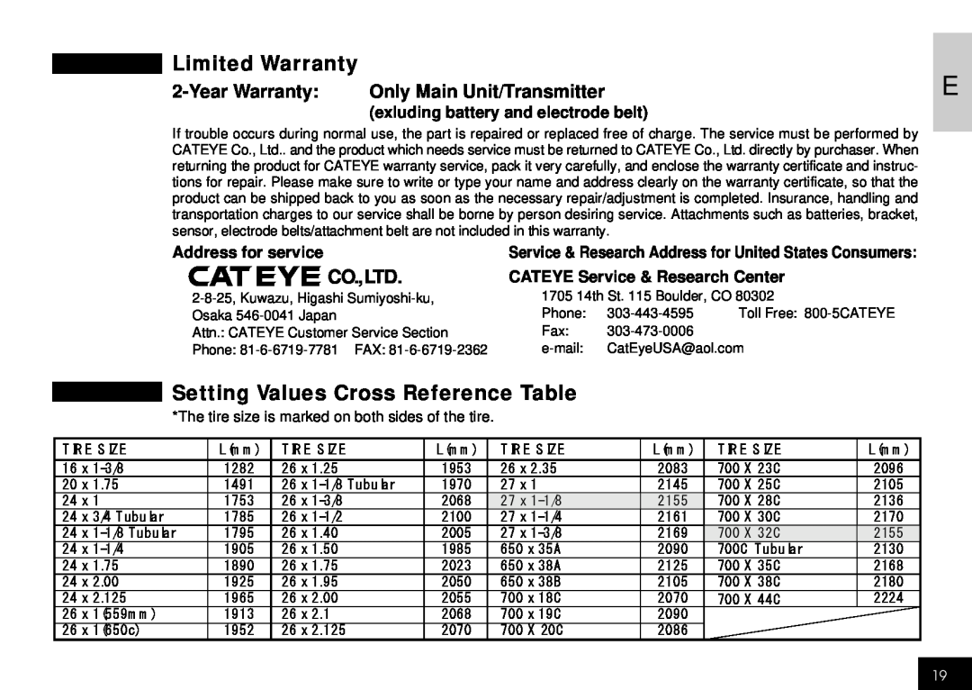 Cateye CC-HB1OO Limited Warranty, Setting Values Cross Reference Table, Year Warranty, Only Main Unit/Transmitter 
