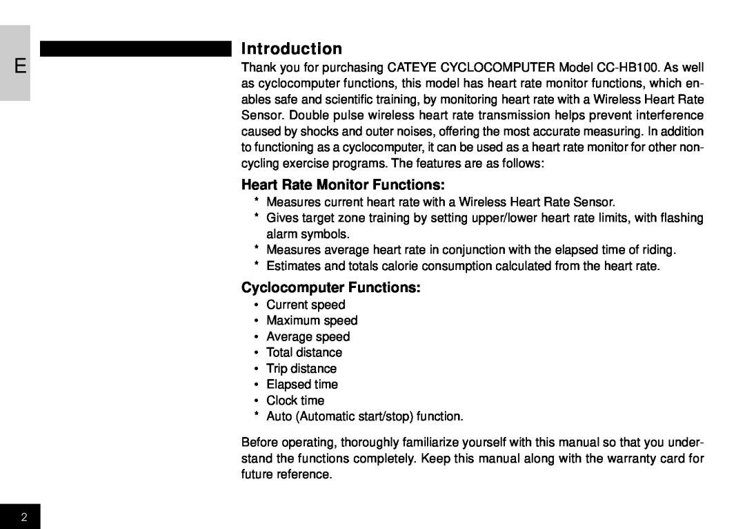 Cateye CC-HB1OO instruction manual Introduction, Heart Rate Monitor Functions, Cyclocomputer Functions 