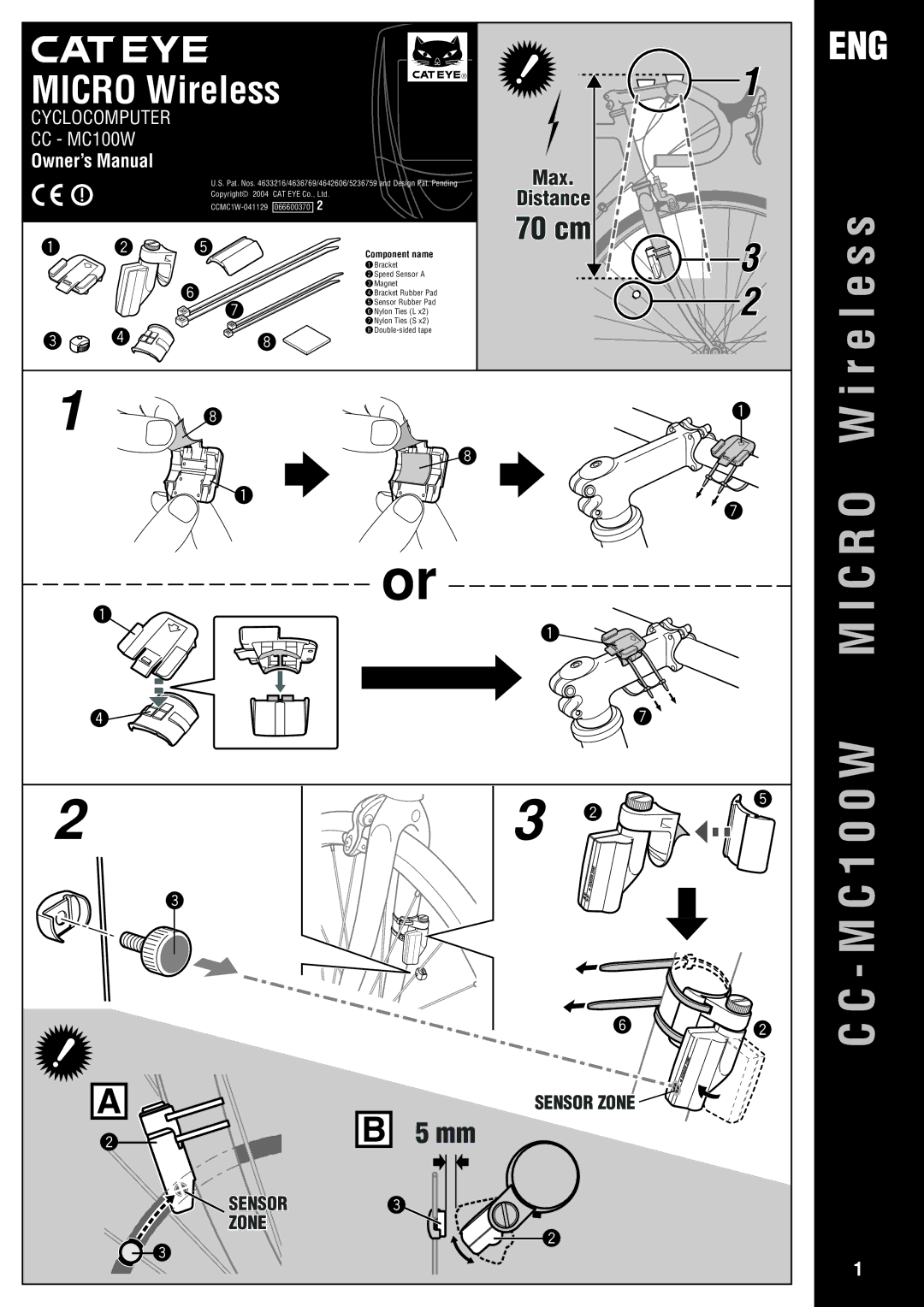 Cateye CC-MC100W owner manual Eng, Component name 